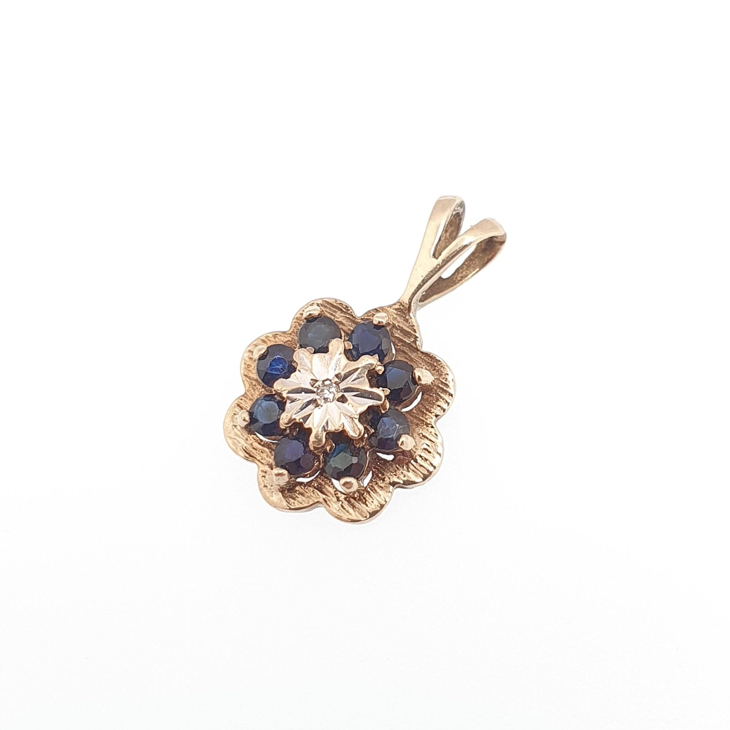 Vintage 9k 9ct Gold Sapphire & Diamond Necklace Cluster Pendant Halo Solid 375 Yellow Womens Jewelry Retro Jewellery