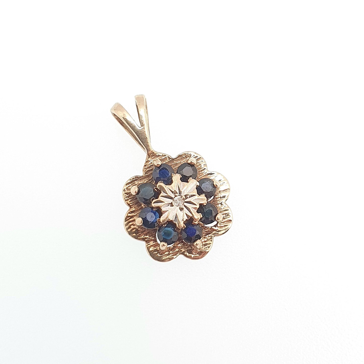 Vintage 9k 9ct Gold Sapphire & Diamond Necklace Cluster Pendant Halo Solid 375 Yellow Womens Jewelry Retro Jewellery