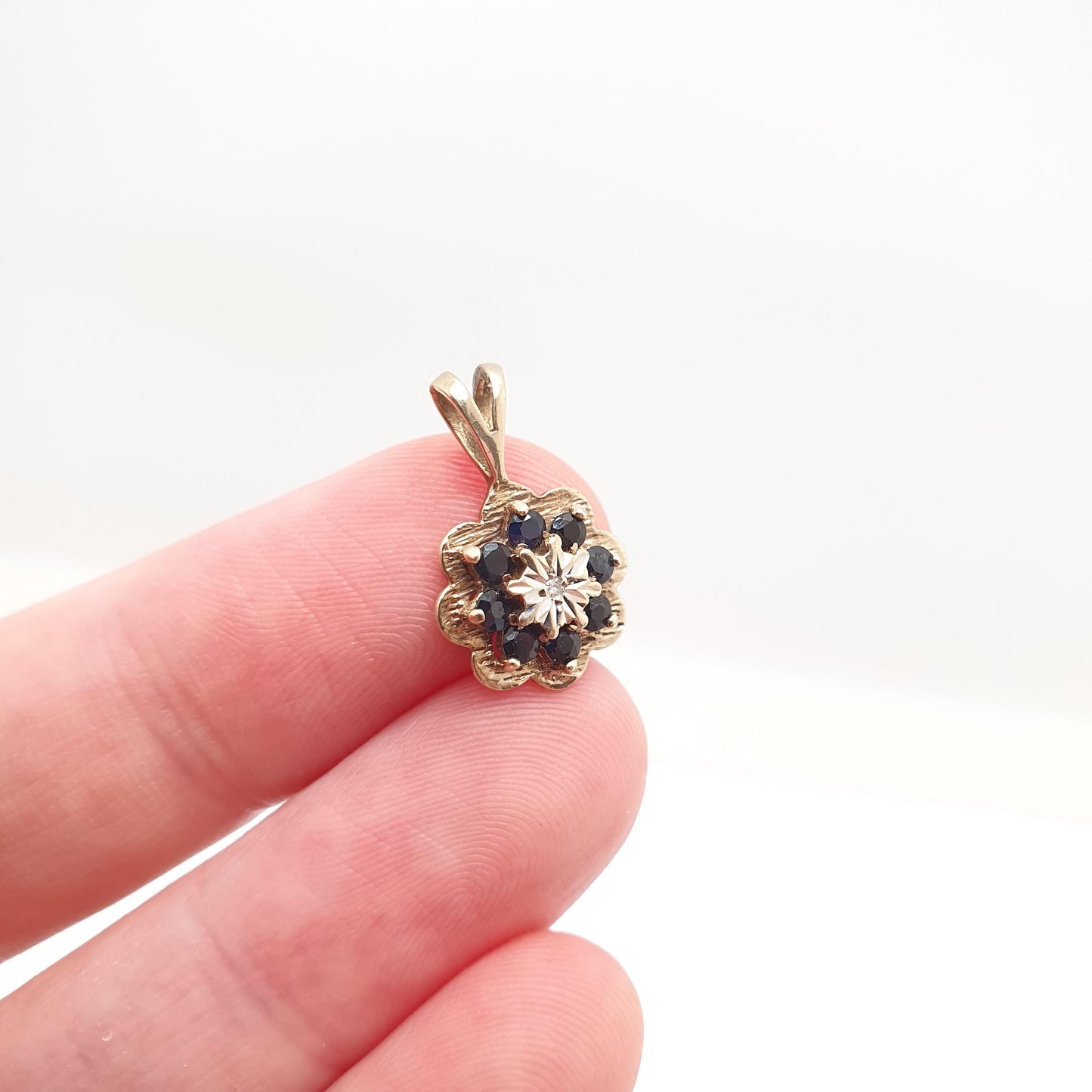 Vintage 9k 9ct Gold Sapphire & Diamond Necklace Cluster Pendant Halo Solid 375 Yellow Womens Jewelry Retro Jewellery