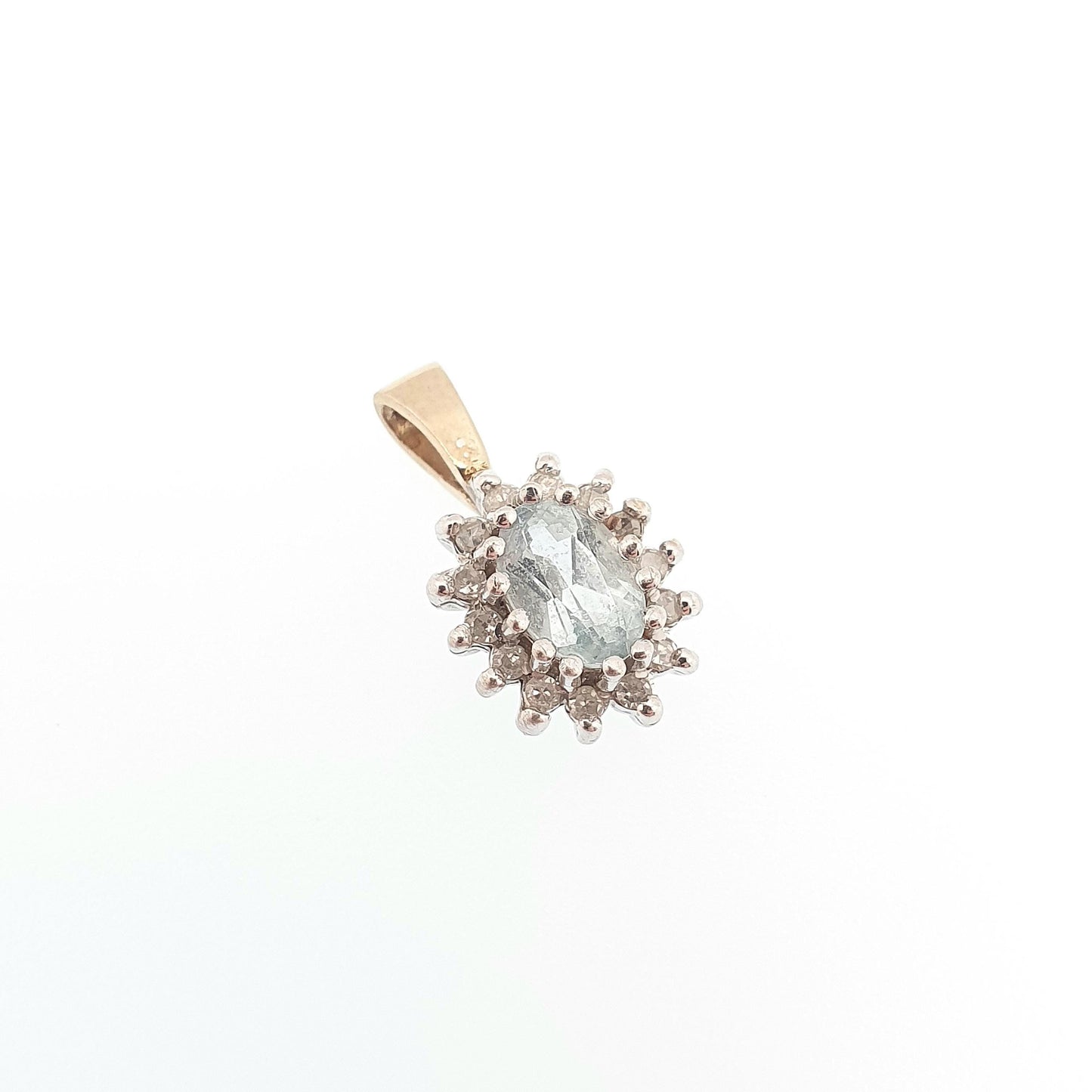 Vintage 9ct 9k Gold Aquamarine & Diamond Necklace Pendant Oval Cut Solid 375 Gemstone Sky Blue Small Womens Jewelry Jewellery