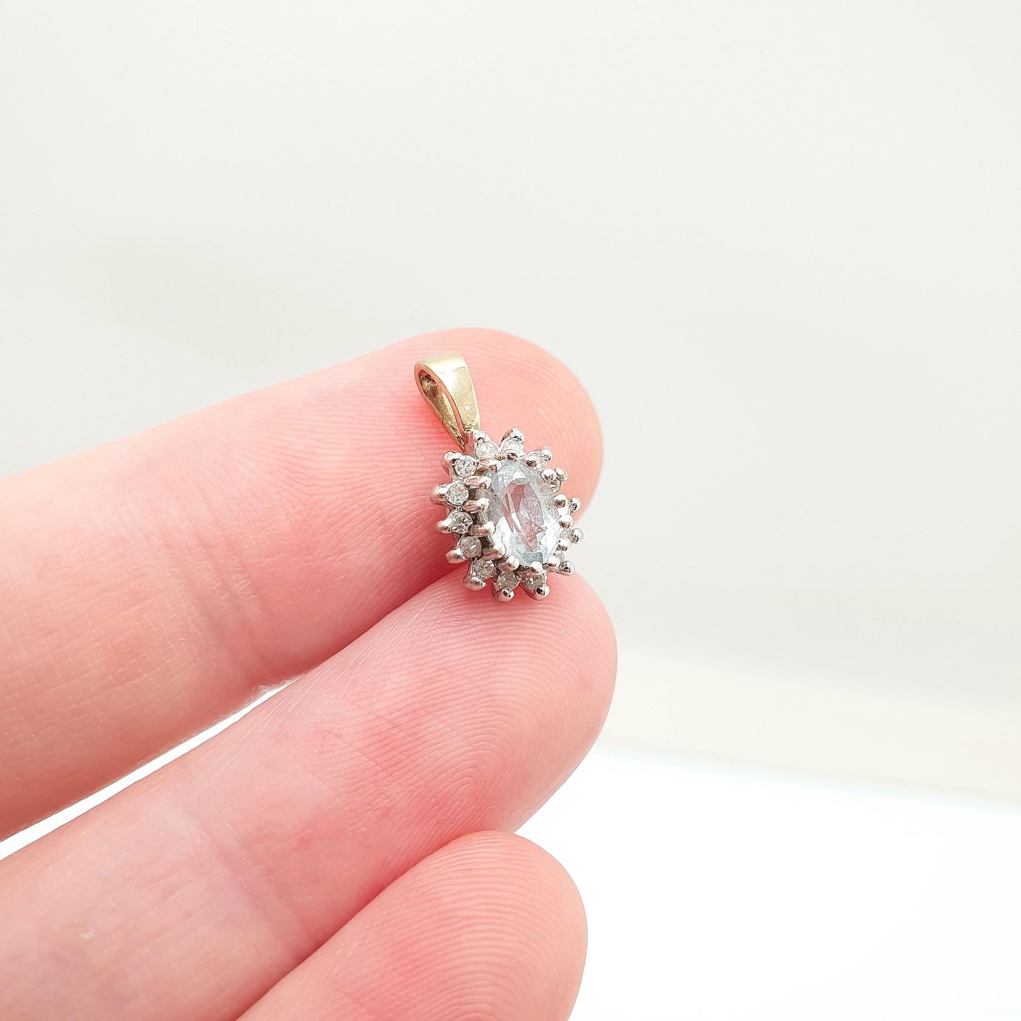 Vintage 9ct 9k Gold Aquamarine & Diamond Necklace Pendant Oval Cut Solid 375 Gemstone Sky Blue Small Womens Jewelry Jewellery
