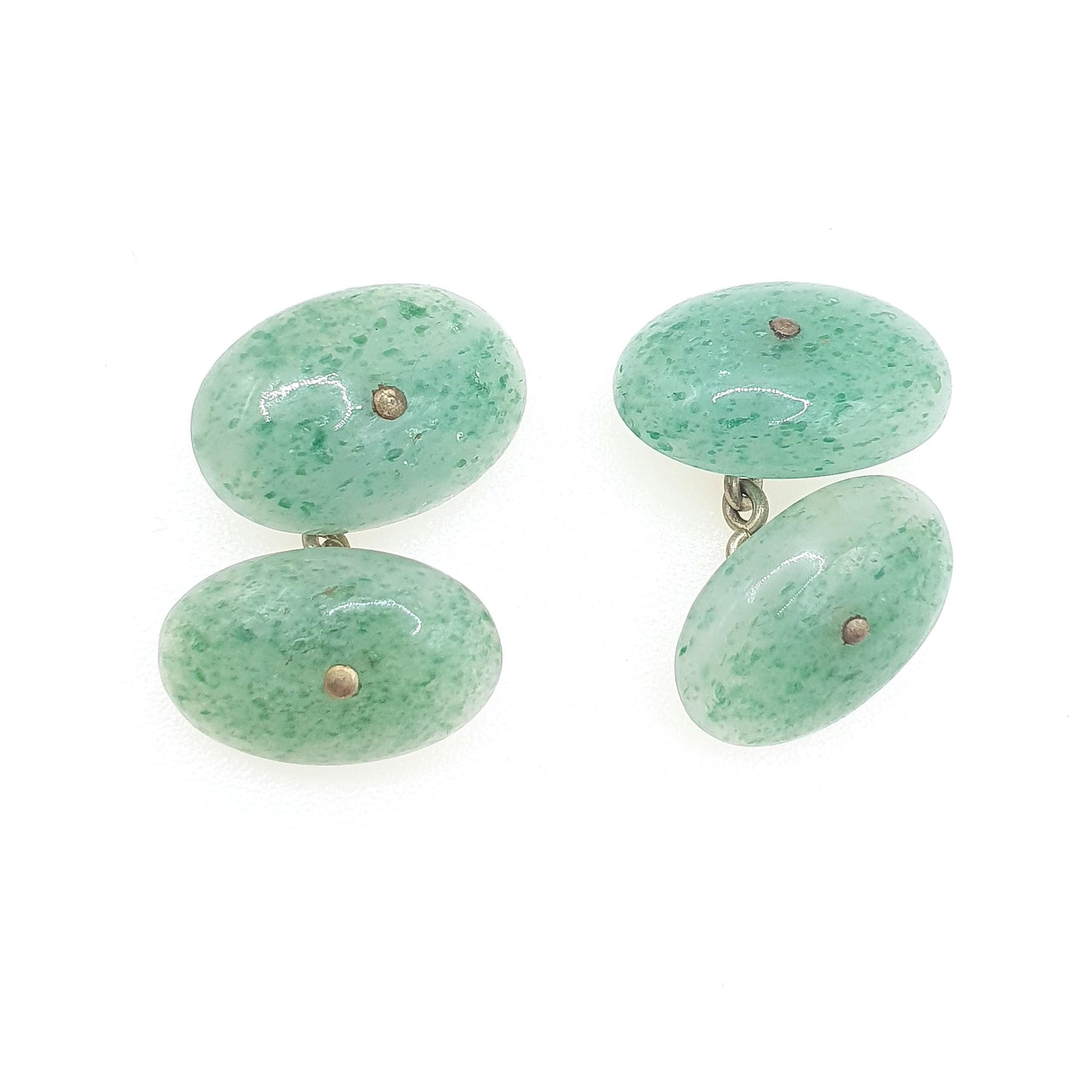 Antique Victorian Aventurine Cuff Links Green Quartz Chain Link Oval Cabochon Gold Tone Base Metal Mens Vintage Unisex Jewelry Jewellery