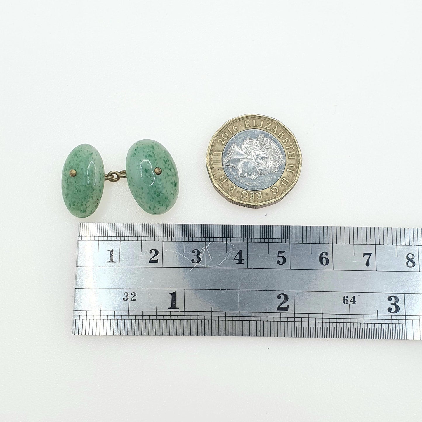 Antique Victorian Aventurine Cuff Links Green Quartz Chain Link Oval Cabochon Gold Tone Base Metal Mens Vintage Unisex Jewelry Jewellery