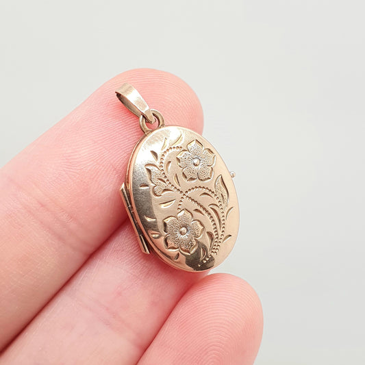 Vintage Solid 9ct 9k Gold Locket Oval All 375 9 Carat Gold Flower Embossed Necklace Photo Picture Pendant
