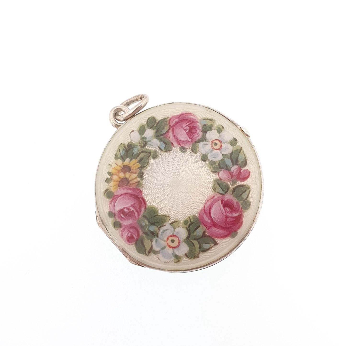 Antique Guilloche Enamel Solid Silver Locket Edwardian Rose Flower Pendant Round Photo Picture Jewelry Jewelry