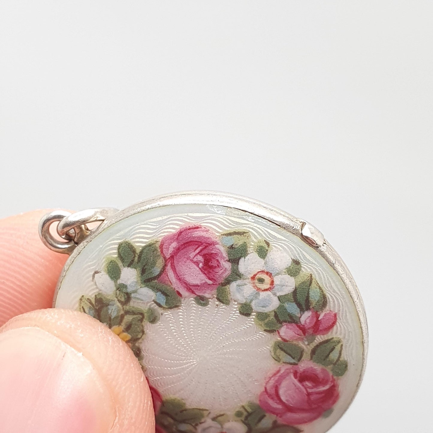 Antique Guilloche Enamel Solid Silver Locket Edwardian Rose Flower Pendant Round Photo Picture Jewelry Jewelry