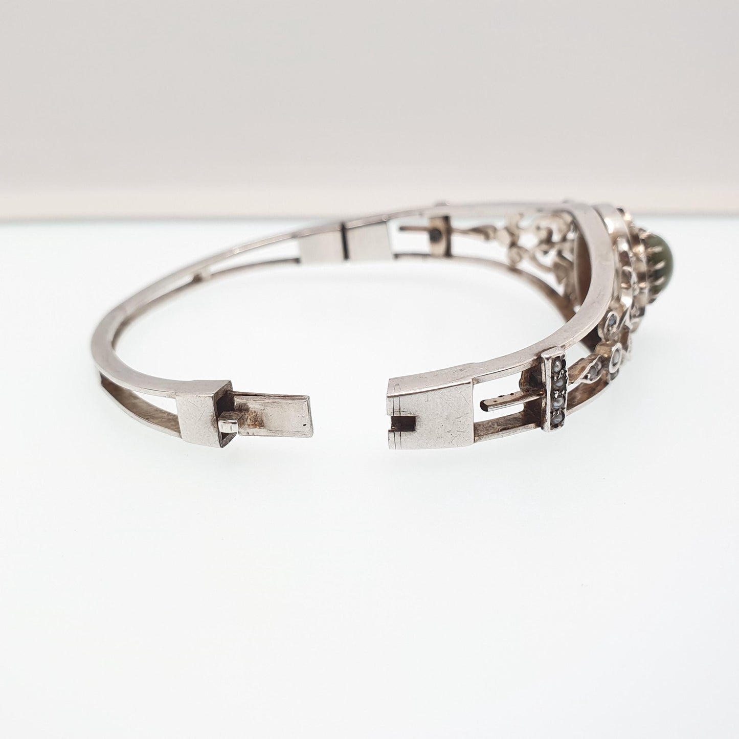Antique Solid Silver Cats Eye Seed Pearl Bracelet Victorian Bangle Belle Epoque Handmade 19.00g Vintage Jewelry Jewellery