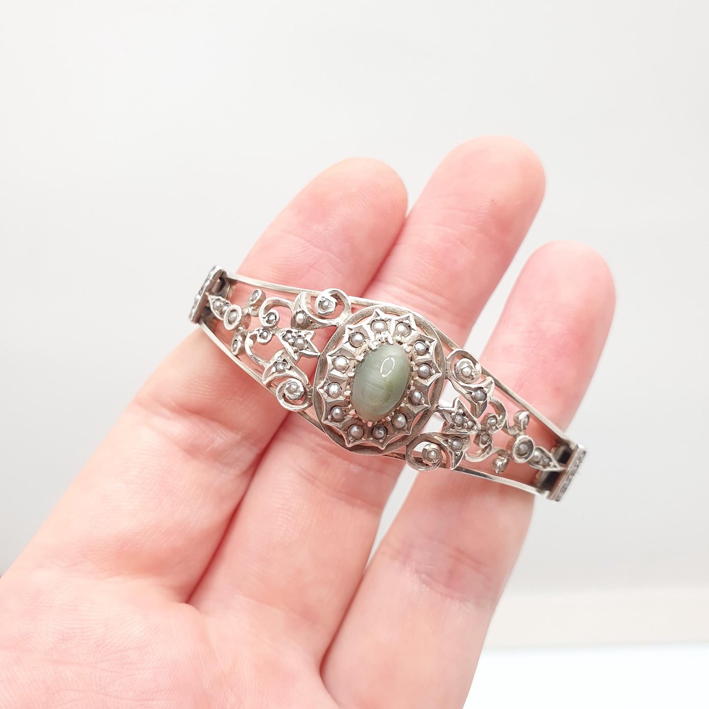 Antique Solid Silver Cats Eye Seed Pearl Bracelet Victorian Bangle Belle Epoque Handmade 19.00g Vintage Jewelry Jewellery