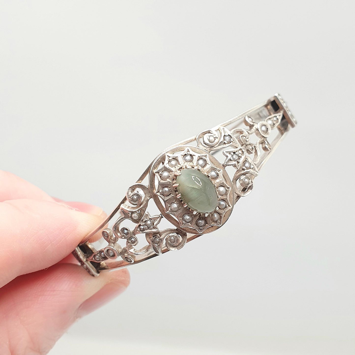 Antique Solid Silver Cats Eye Seed Pearl Bracelet Victorian Bangle Belle Epoque Handmade 19.00g Vintage Jewelry Jewellery