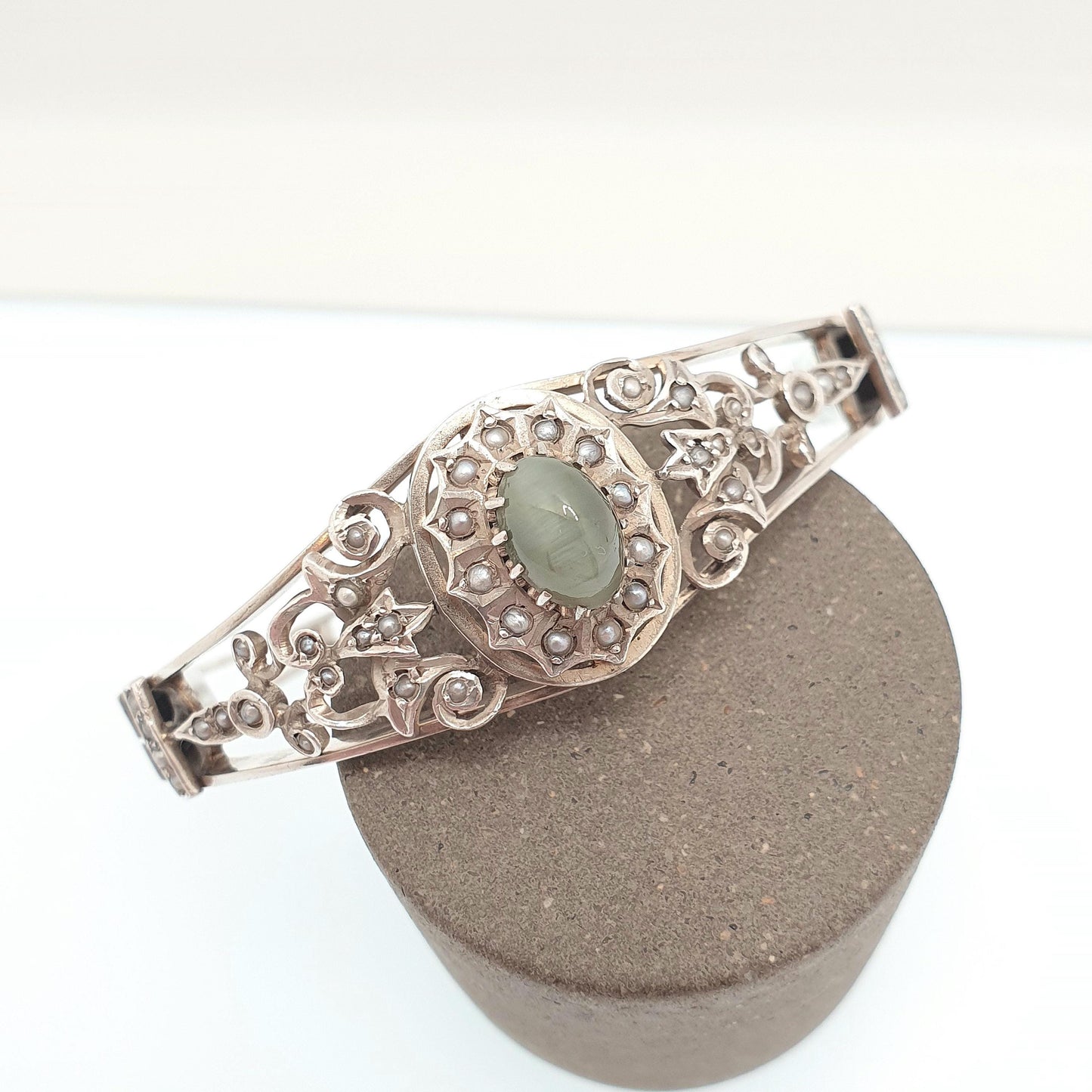 Antique Solid Silver Cats Eye Seed Pearl Bracelet Victorian Bangle Belle Epoque Handmade 19.00g Vintage Jewelry Jewellery