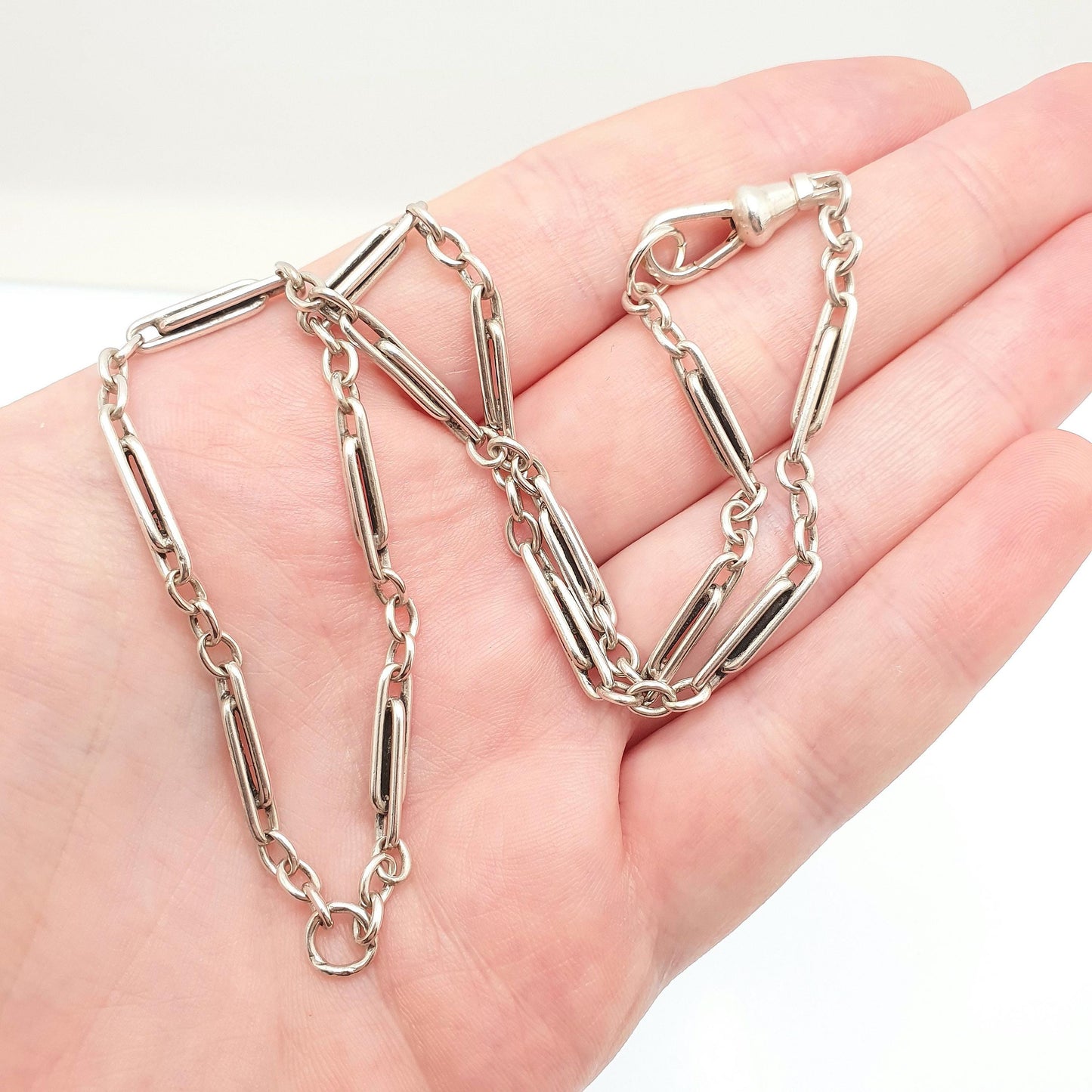 Antique Victorian Solid Silver Staple Link Chain Necklace Figaro 43cm 16.9" 16.53g Dog Clip Trombone Paperclip Links Jewellery Jewelry