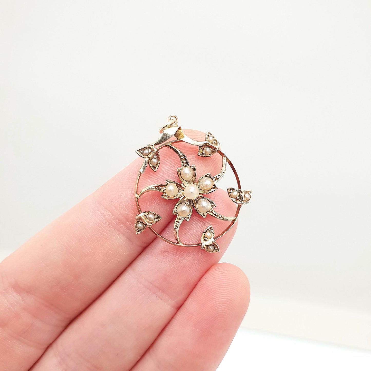 Antique 9ct Gold Seed Pearl Necklace Pendant Star Flower Art Nouveau Swirl Spiral Solid 9k 375 Victorian Vintage Jewellery Jewelry