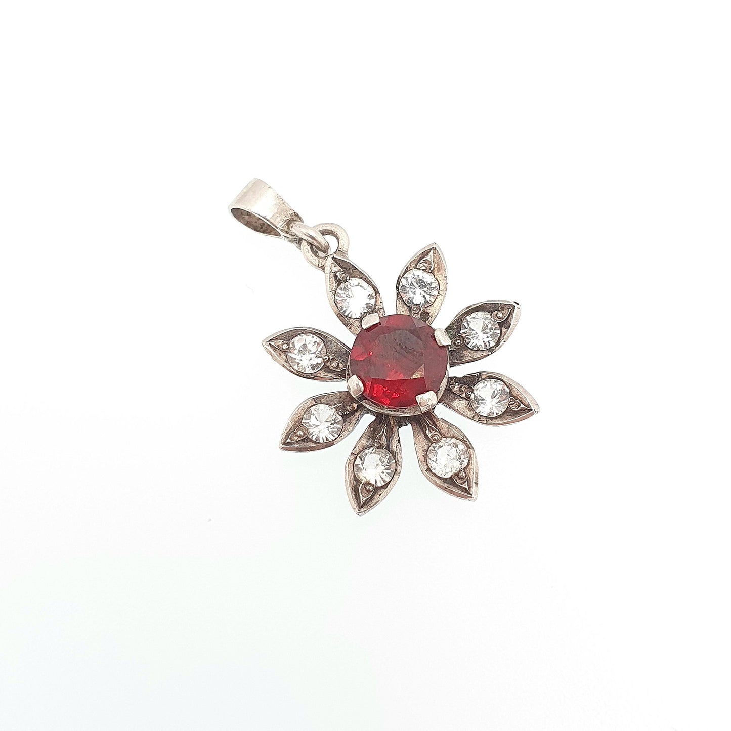 Antique Victorian Solid Silver Garnet & White Sapphire Pendant Flower Necklace Genuine Gemstones Vintage Womens Jewelry Jewellery