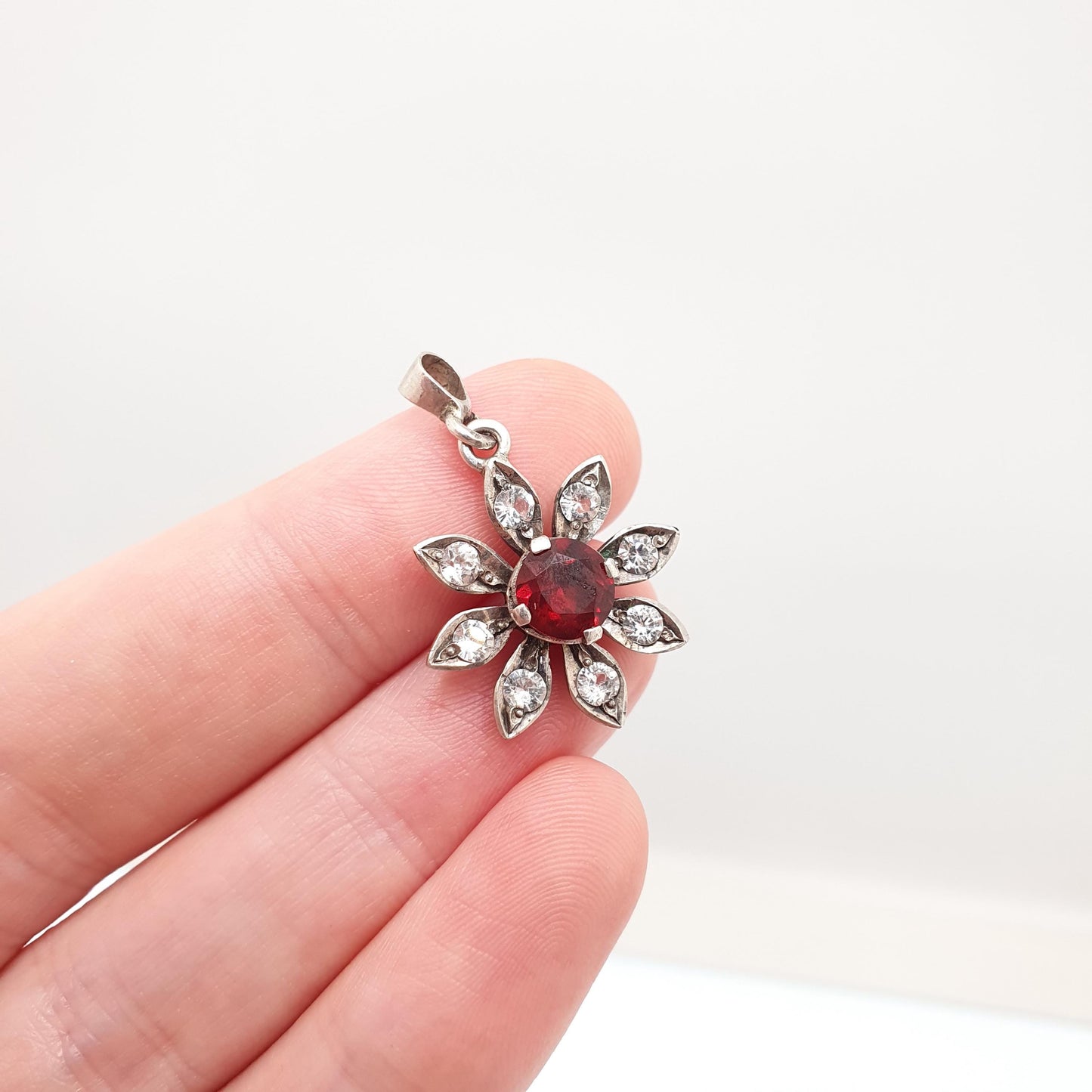 Antique Victorian Solid Silver Garnet & White Sapphire Pendant Flower Necklace Genuine Gemstones Vintage Womens Jewelry Jewellery