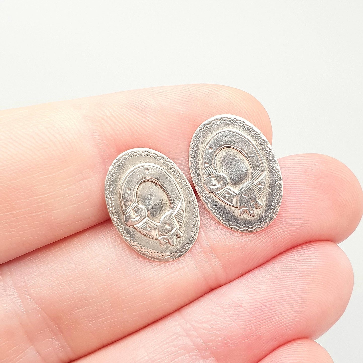 Antique Sterling Silver Buckle Stud Earrings 1903 Hallmark Genuine Edwardian Love Fidelity Womens Vintage Jewelry Jewellery
