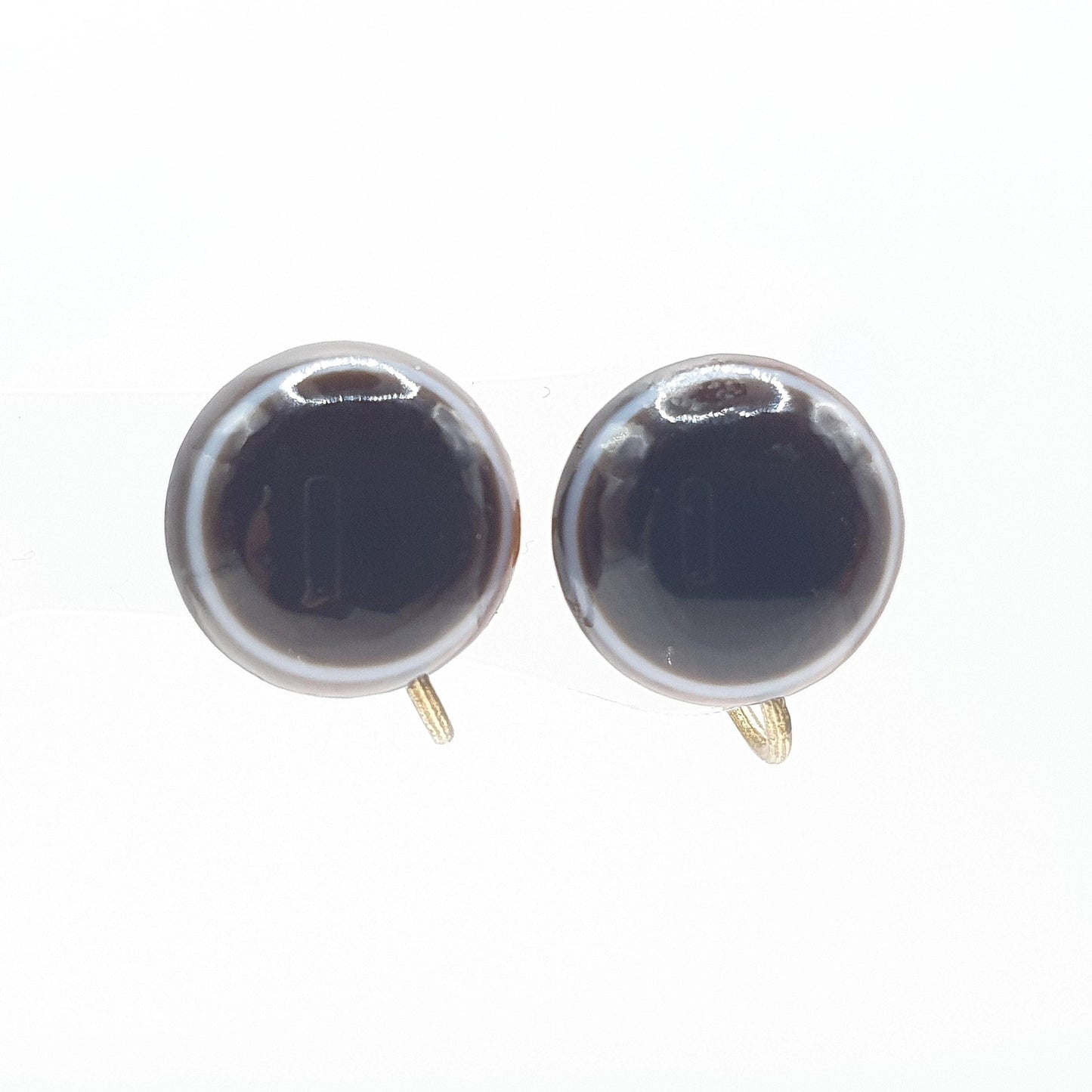 Antique Victorian Bulls Eye Agate Earrings Gold Gilt Genuine Quartz Gemstone Screw Back  Jewelry Jewellery Womens