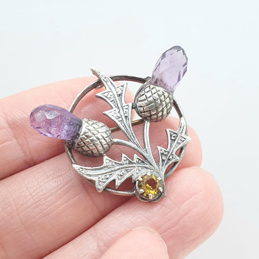 Old Vintage Sterling Silver Amethyst & Citrine Thistle Brooch Scottish Flower Scotland Womens Jewelry Jewellery
