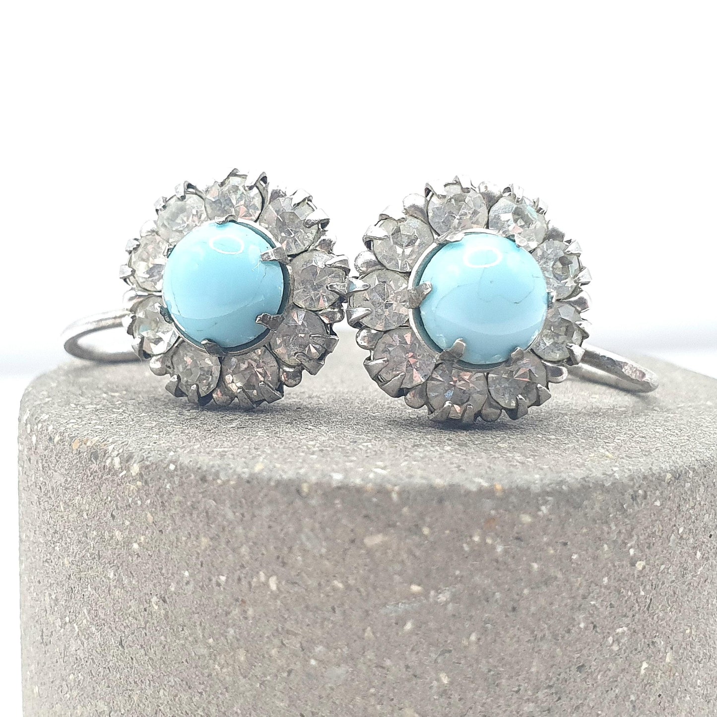 Antique Art Deco Solid Silver Diamond Paste Earrings Cluster Faux Turquoise Sparkly Blue Screw Back Womens Jewelry Jewellery