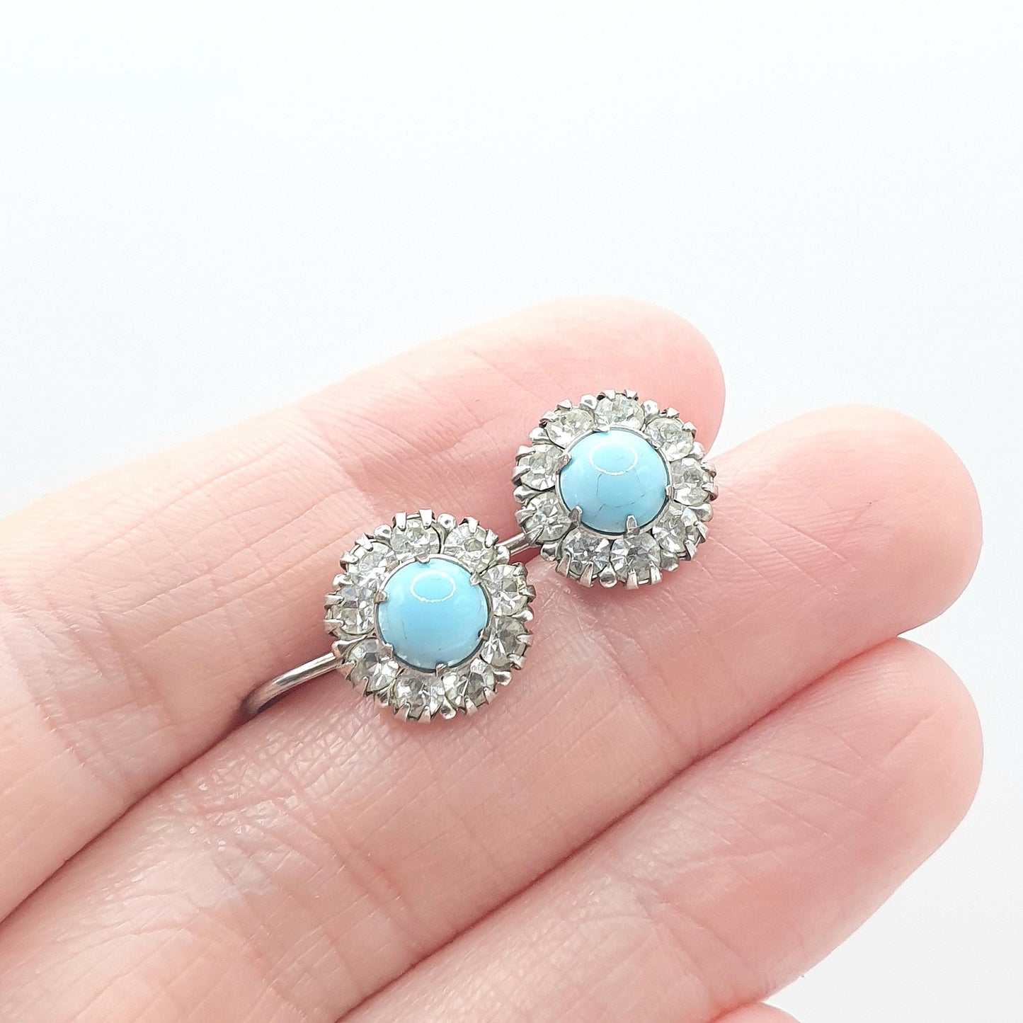 Antique Art Deco Solid Silver Diamond Paste Earrings Cluster Faux Turquoise Sparkly Blue Screw Back Womens Jewelry Jewellery