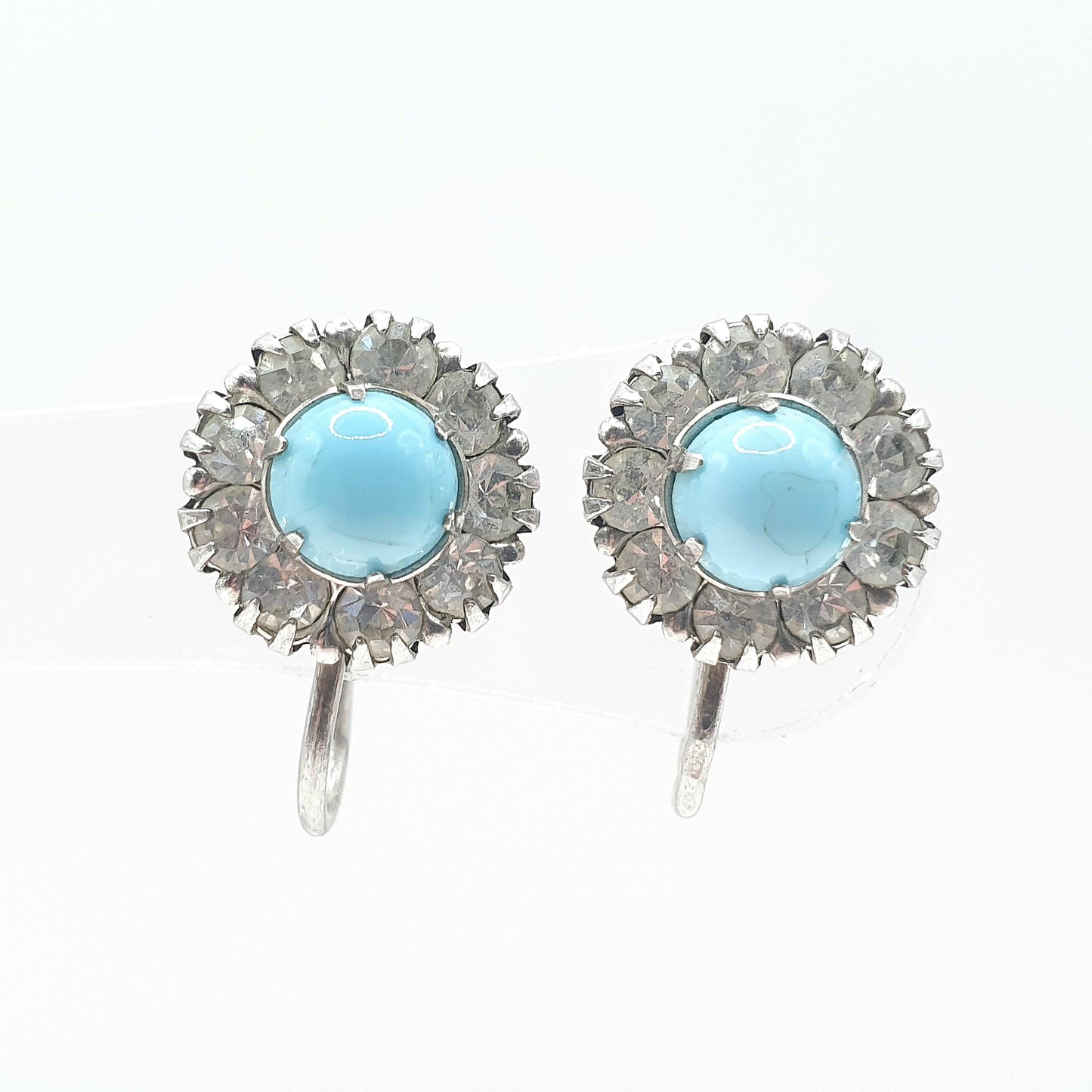 Antique Art Deco Solid Silver Diamond Paste Earrings Cluster Faux Turquoise Sparkly Blue Screw Back Womens Jewelry Jewellery