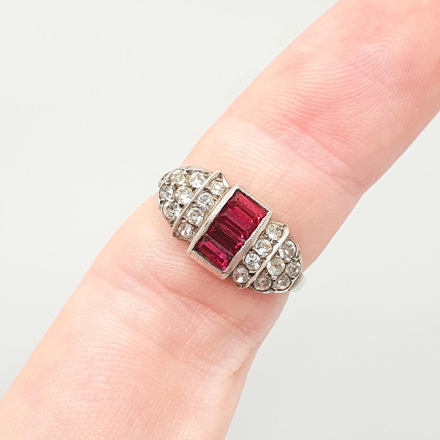 RESERVED/SOLD DON Antique Art Deco Ruby Paste Solid Silver Ring Baguette Cut Diamond Pastes 1920s Vintage Flapper