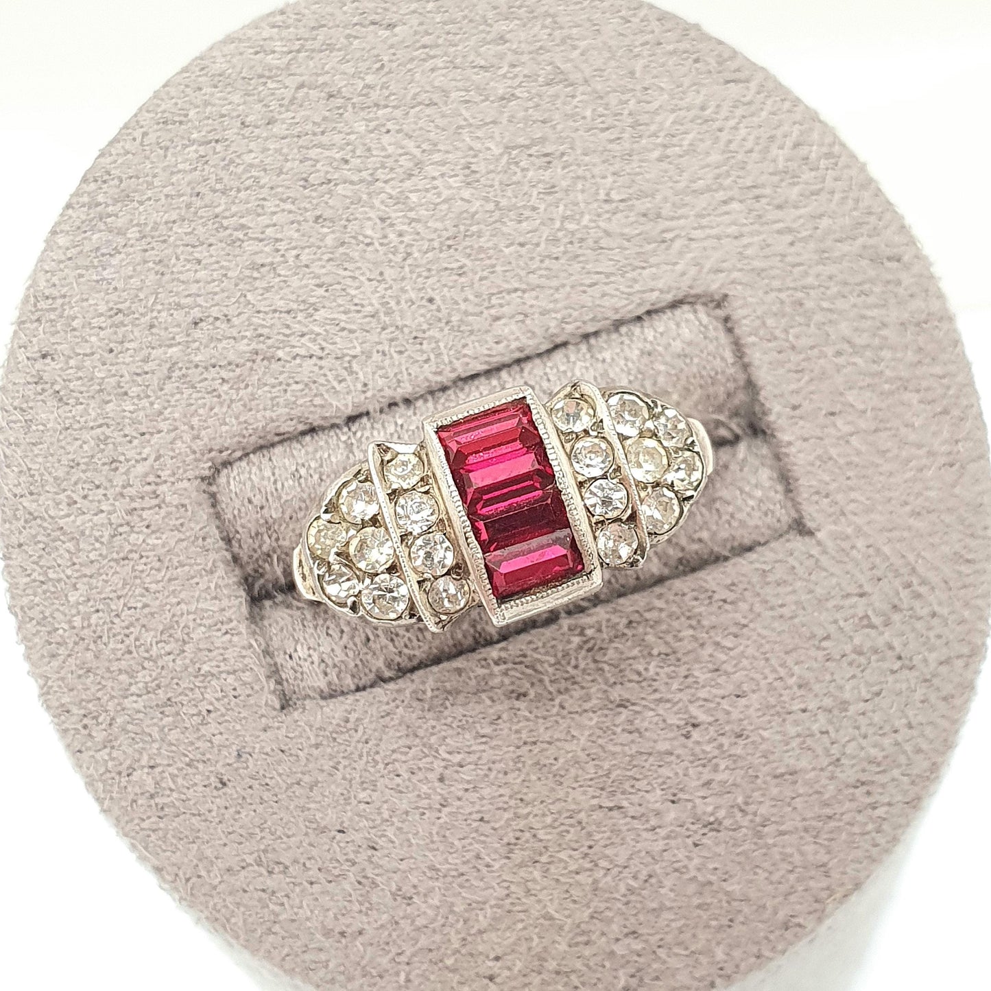 RESERVED/SOLD DON Antique Art Deco Ruby Paste Solid Silver Ring Baguette Cut Diamond Pastes 1920s Vintage Flapper