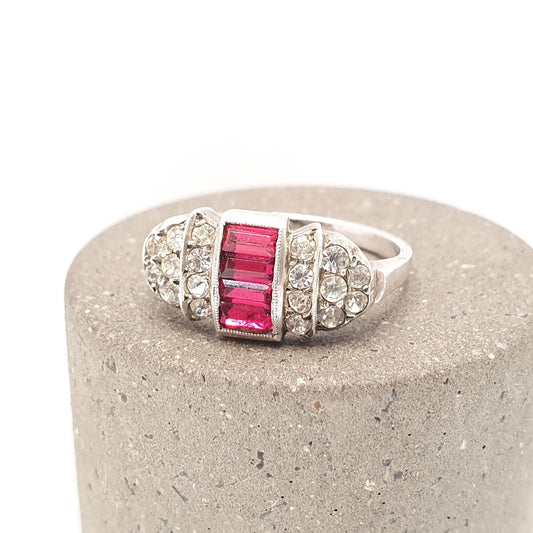 RESERVED/SOLD DON Antique Art Deco Ruby Paste Solid Silver Ring Baguette Cut Diamond Pastes 1920s Vintage Flapper