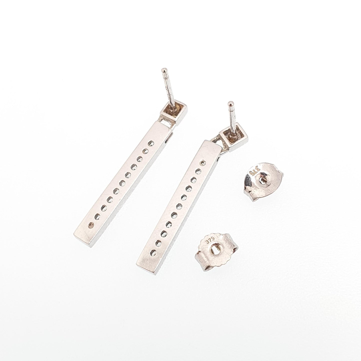 Vintage 9k 9ct White Gold Bar Earrings CZ Brilliant Cut Rectangular Hanging Stud Diamond Simulant Womens Jewelry Retro Jewellery