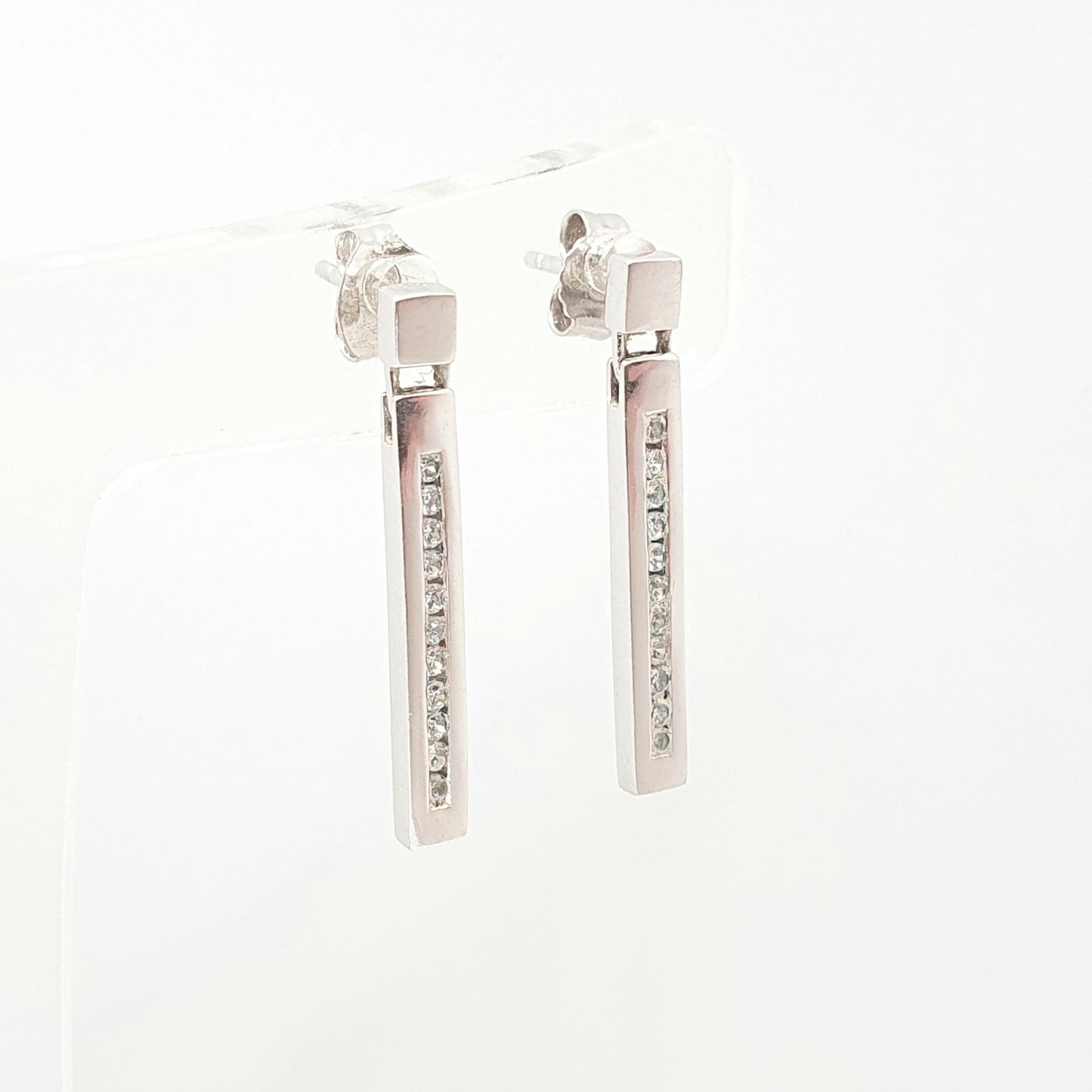 Vintage 9k 9ct White Gold Bar Earrings CZ Brilliant Cut Rectangular Hanging Stud Diamond Simulant Womens Jewelry Retro Jewellery