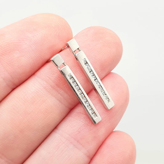 Vintage 9k 9ct White Gold Bar Earrings CZ Brilliant Cut Rectangular Hanging Stud Diamond Simulant Womens Jewelry Retro Jewellery