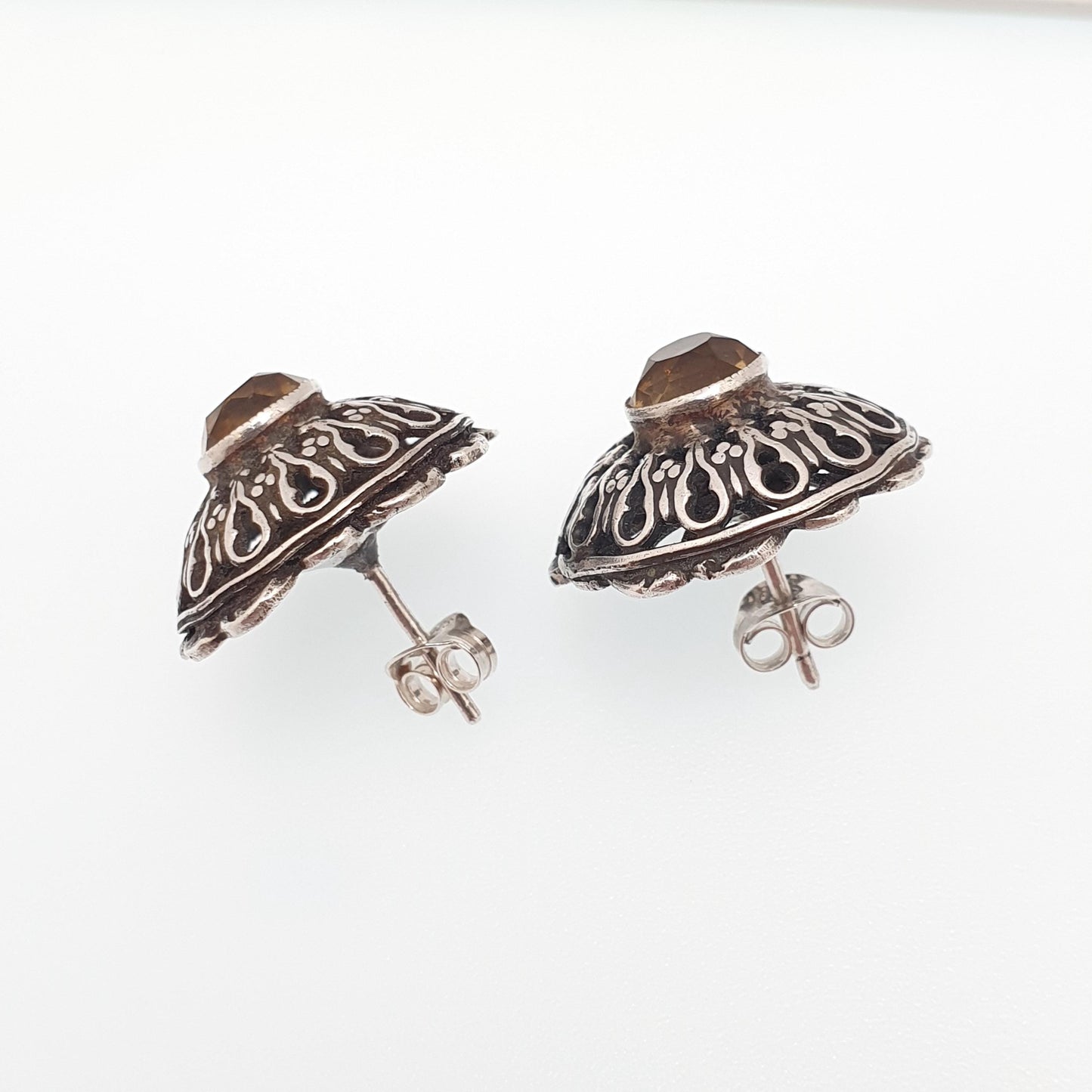 Antique Natural Citrine Solid Silver Earrings Austro Hungarian Large Stud Genuine Gemstone Vintage Jewellery Jewelry