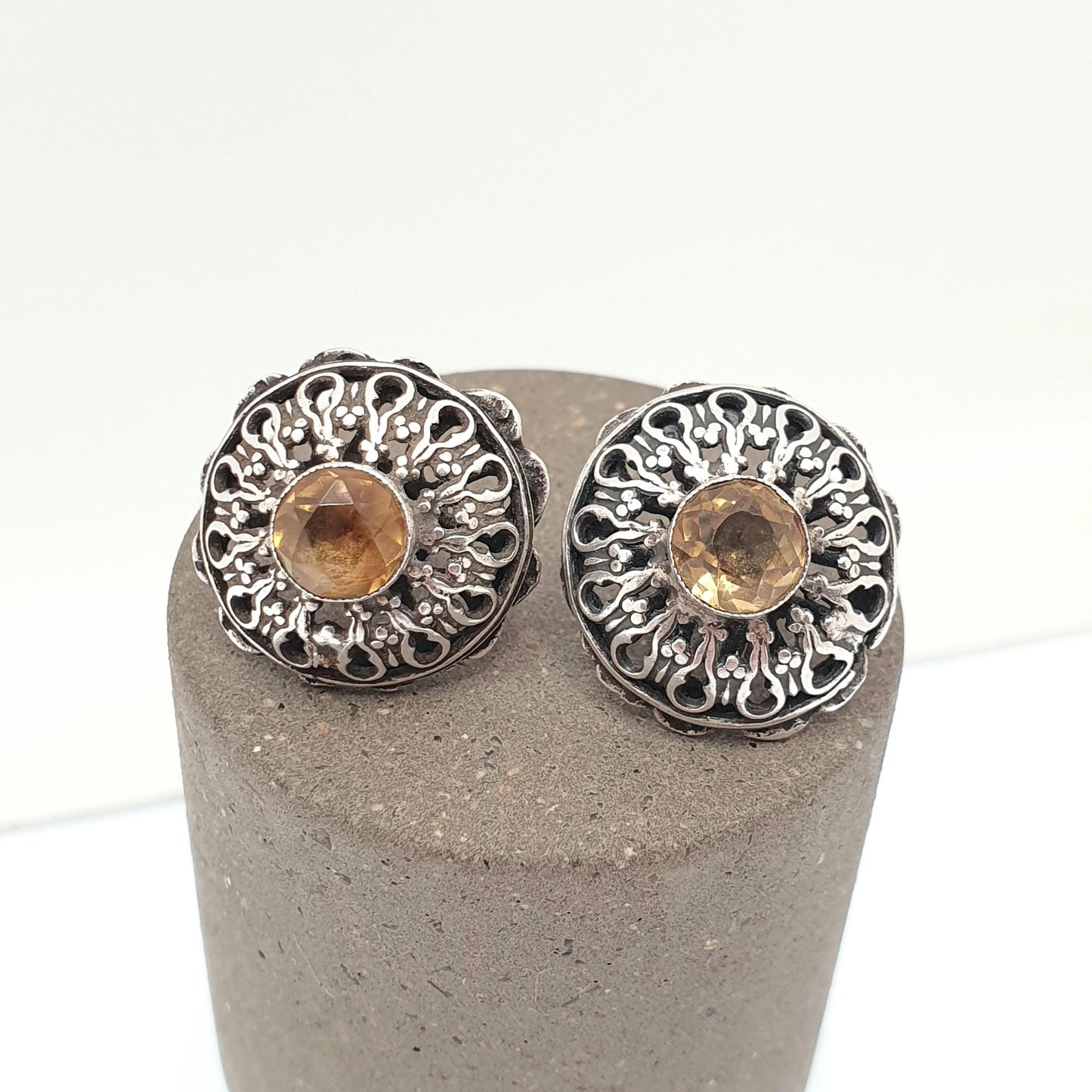 Antique Natural Citrine Solid Silver Earrings Austro Hungarian Large Stud Genuine Gemstone Vintage Jewellery Jewelry