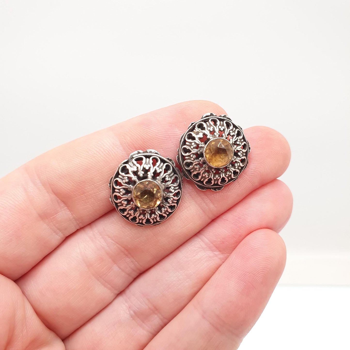 Antique Natural Citrine Solid Silver Earrings Austro Hungarian Large Stud Genuine Gemstone Vintage Jewellery Jewelry