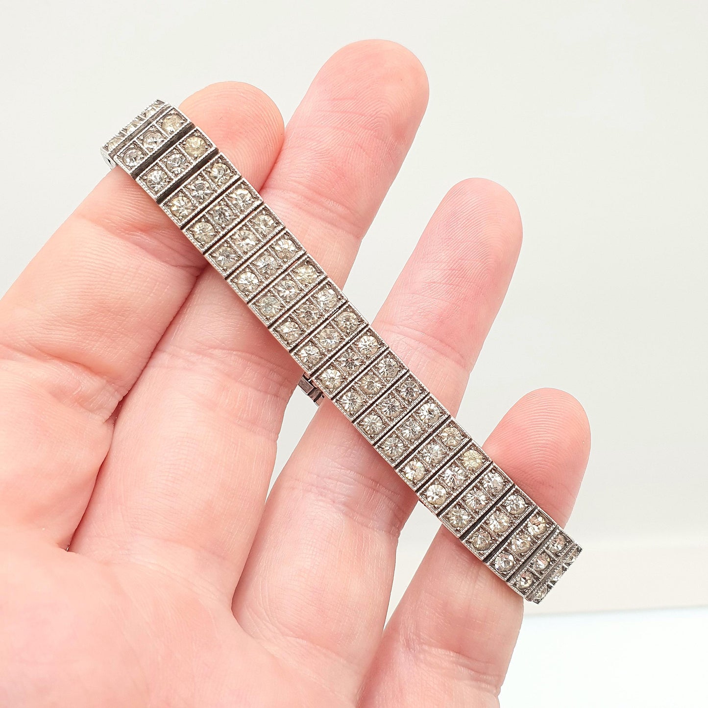 Antique Sterling Silver Diamond Paste Bracelet Art Deco Square Link Genuine 1920s Vintage Sparkly Cocktail Womens Jewelry Jewellery