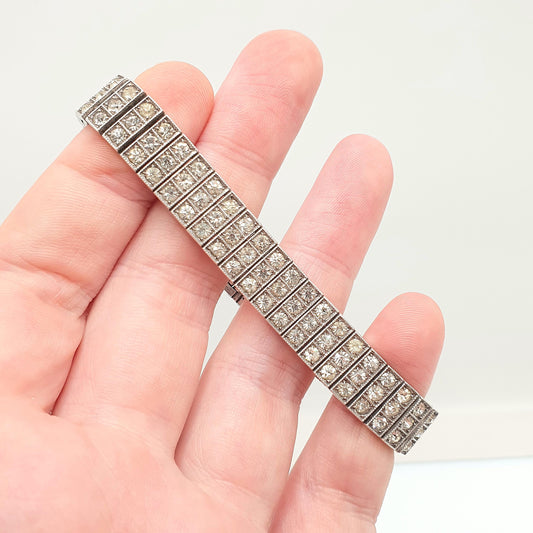 Antique Sterling Silver Diamond Paste Bracelet Art Deco Square Link Genuine 1920s Vintage Sparkly Cocktail Womens Jewelry Jewellery
