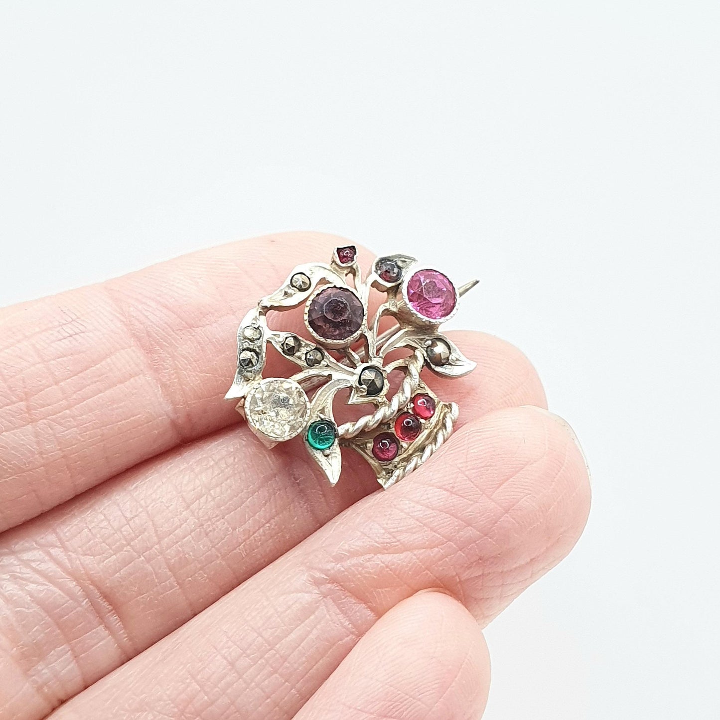 Antique Solid Silver Giardinetti Paste Brooch Flower Basket Garden French Multi Coloured Vintage Womens Jewelry Jewellery