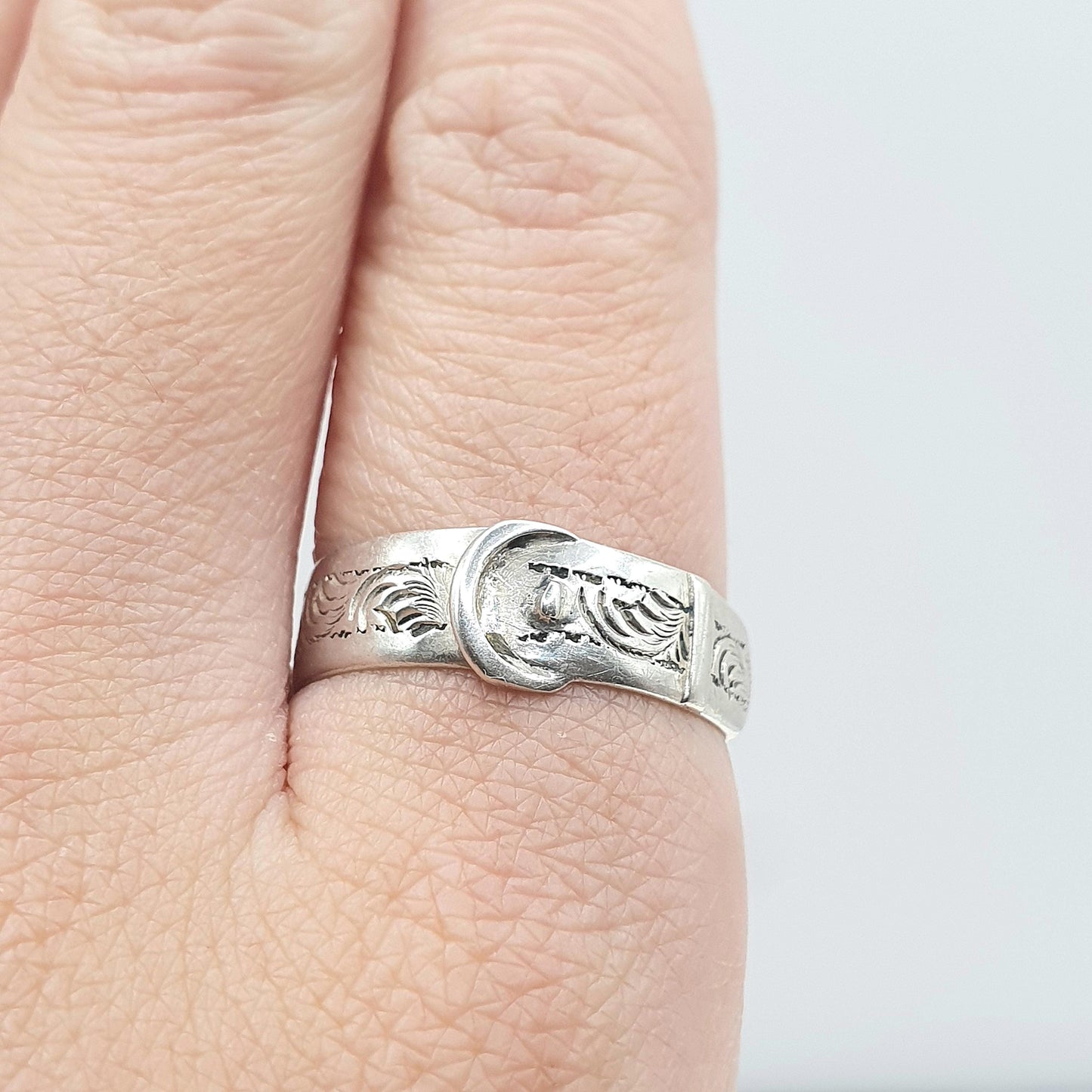Antique Victorian Sterling Silver Buckle Band Ring Eternity Fidelity Love Token Engraved Womens Ladies Unisex Jewelry Jewellery