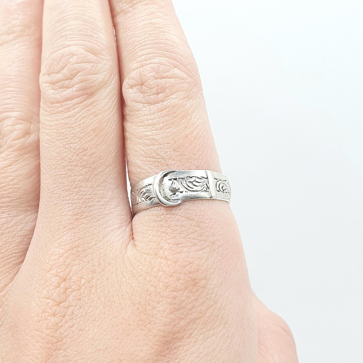 Antique Victorian Sterling Silver Buckle Band Ring Eternity Fidelity Love Token Engraved Womens Ladies Unisex Jewelry Jewellery