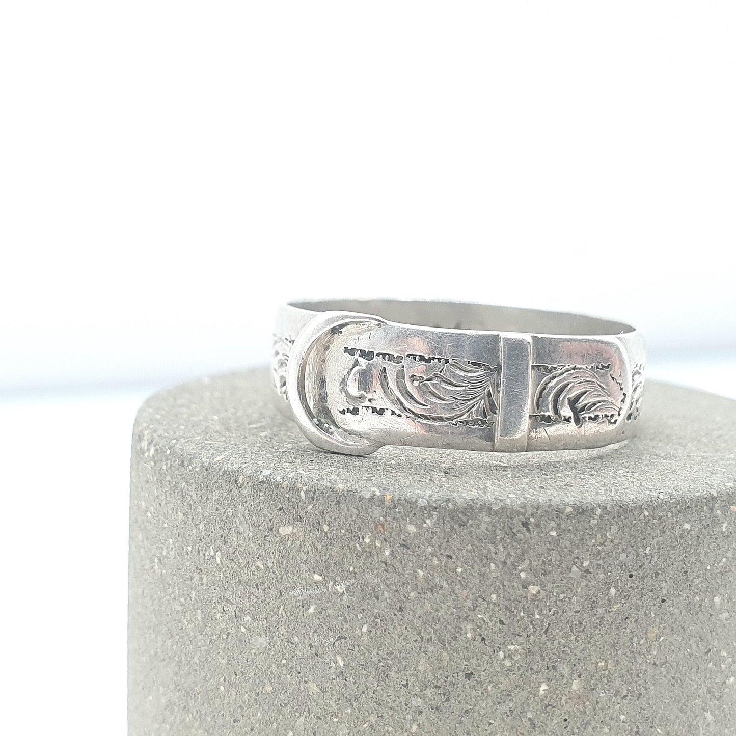 Antique Victorian Sterling Silver Buckle Band Ring Eternity Fidelity Love Token Engraved Womens Ladies Unisex Jewelry Jewellery