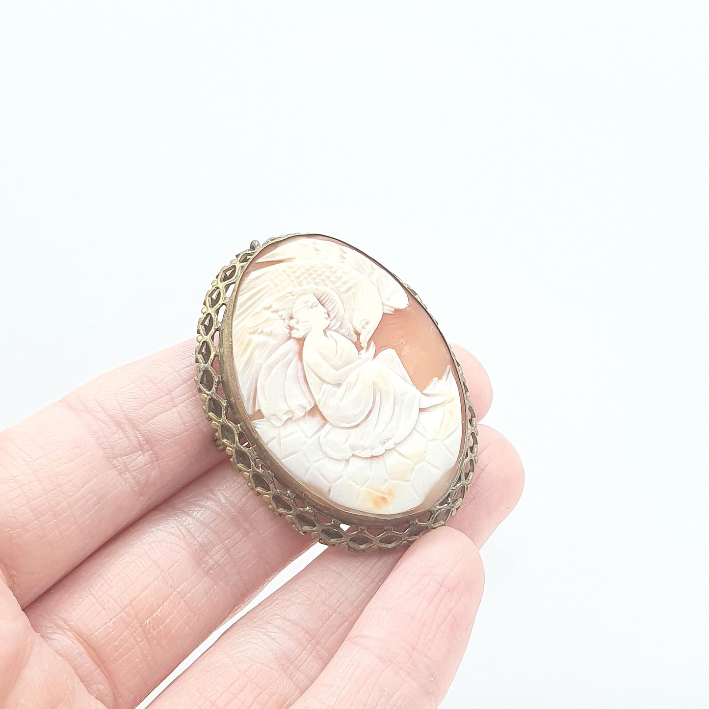 Antique Art Deco Hebe and The Eagle Cameo Brooch Roman Goddess of Youth Hand Carved Shell Gold Tone Base Metal Womens  Jewelry Jewellery