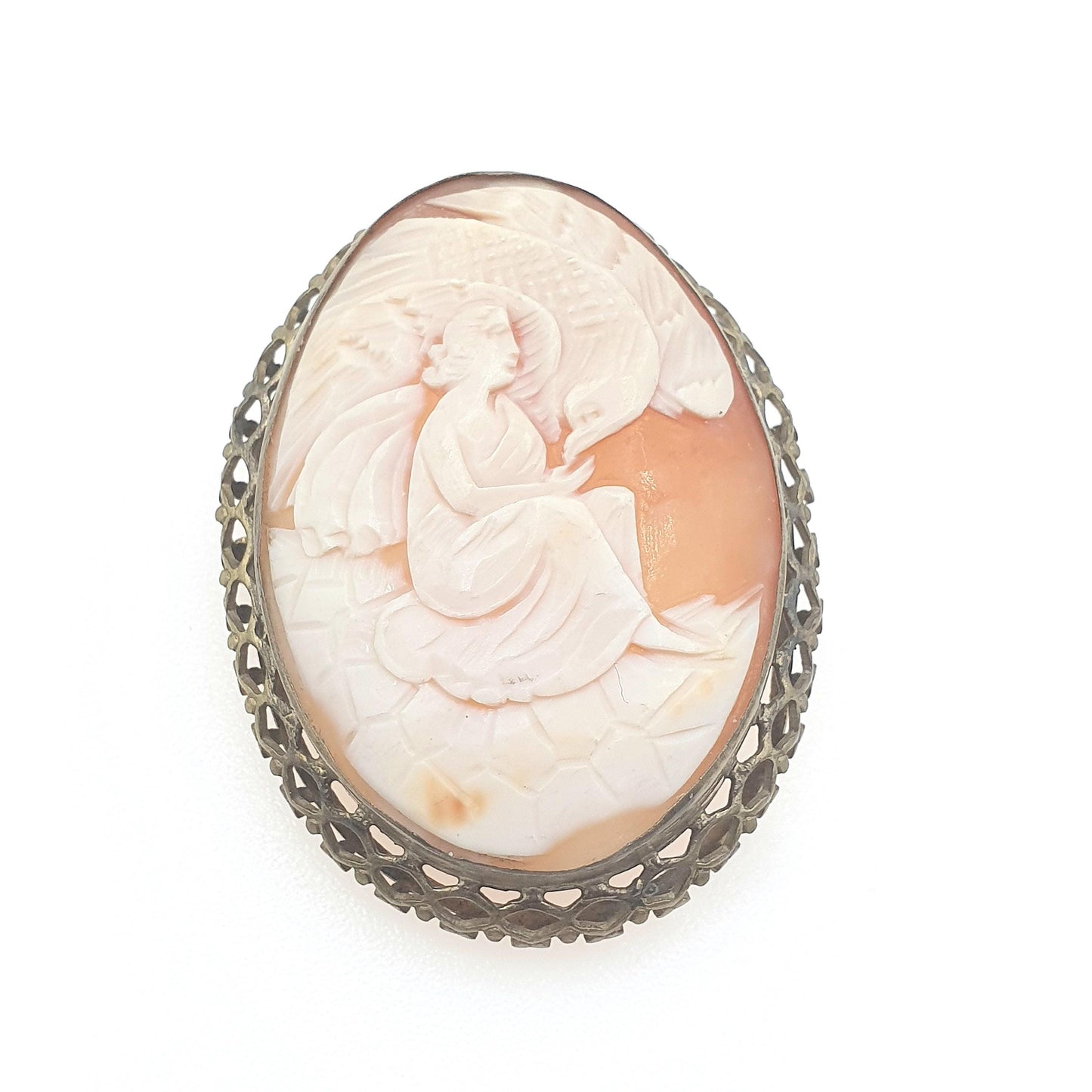 Antique Art Deco Hebe and The Eagle Cameo Brooch Roman Goddess of Youth Hand Carved Shell Gold Tone Base Metal Womens  Jewelry Jewellery
