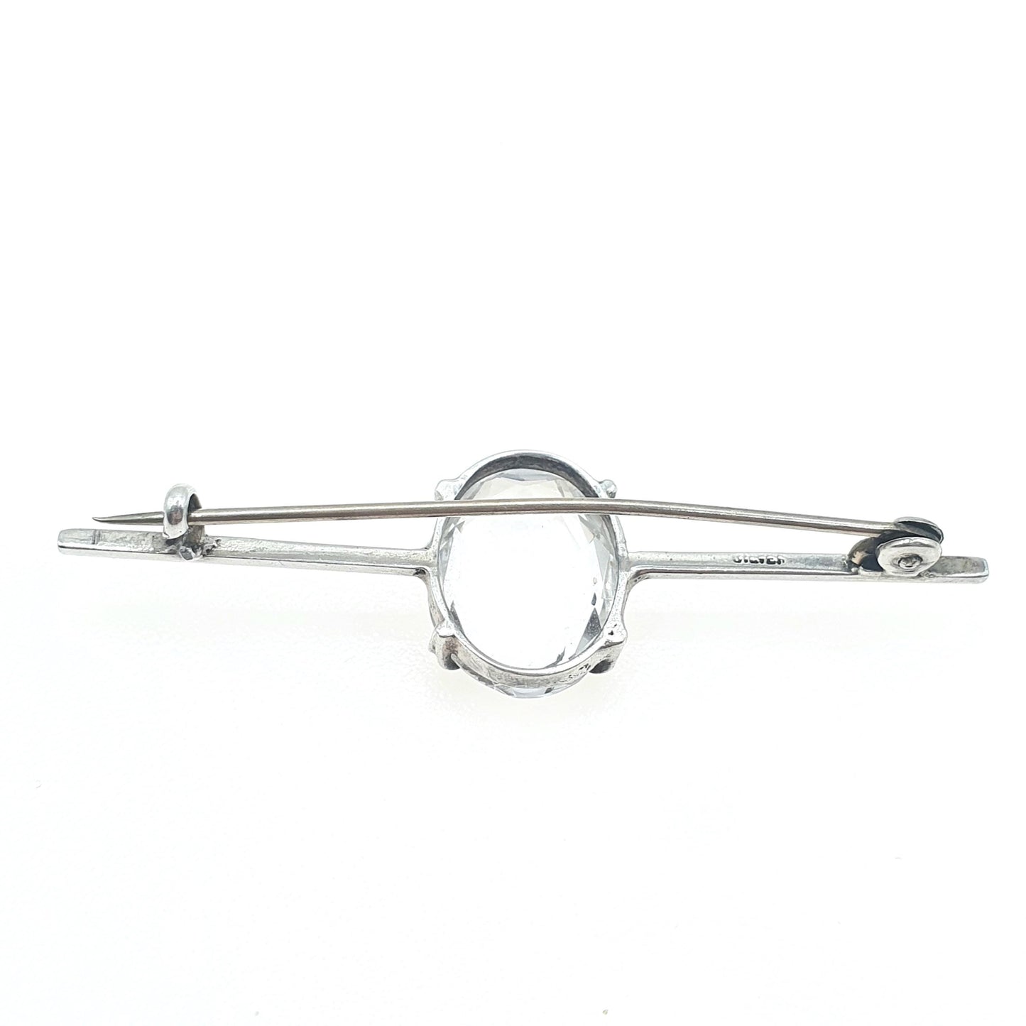 Antique Solid Silver Rock Crystal Brooch Bar Pin White Quartz Oval Cut Womens Jewelry Jewellery Vintage