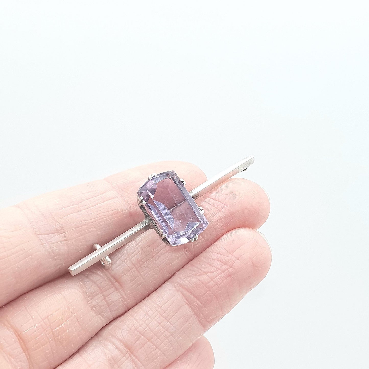 Antique Solid Silver Amethyst Brooch Bar Pin Purple Quartz Rectangular Cut Gemstone 1900s Womens Jewelry Jewellery