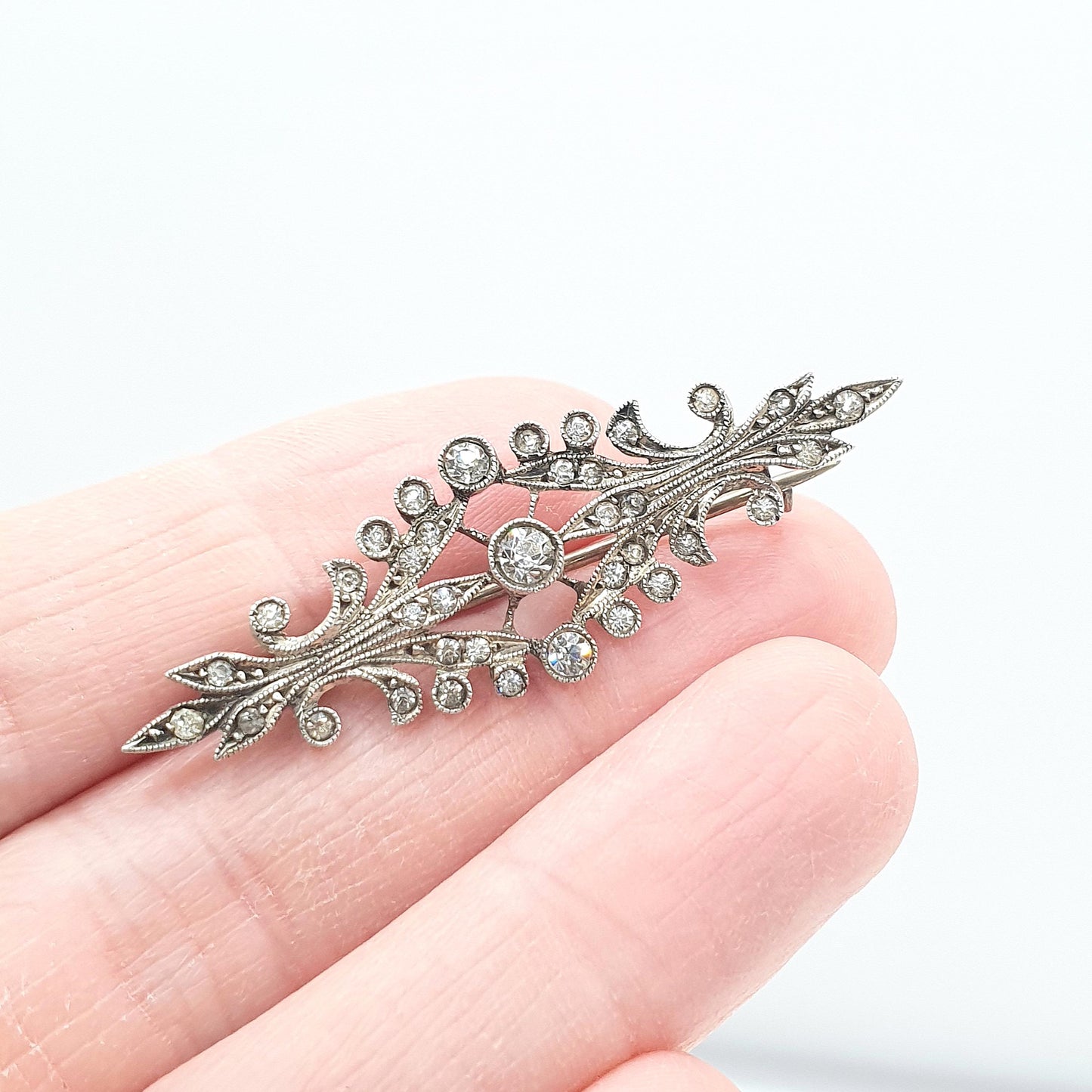 Antique Victorian Solid Silver Diamond Paste Brooch Art Nouveau Scroll Foiled Womens Unisex Jewelry Jewellery
