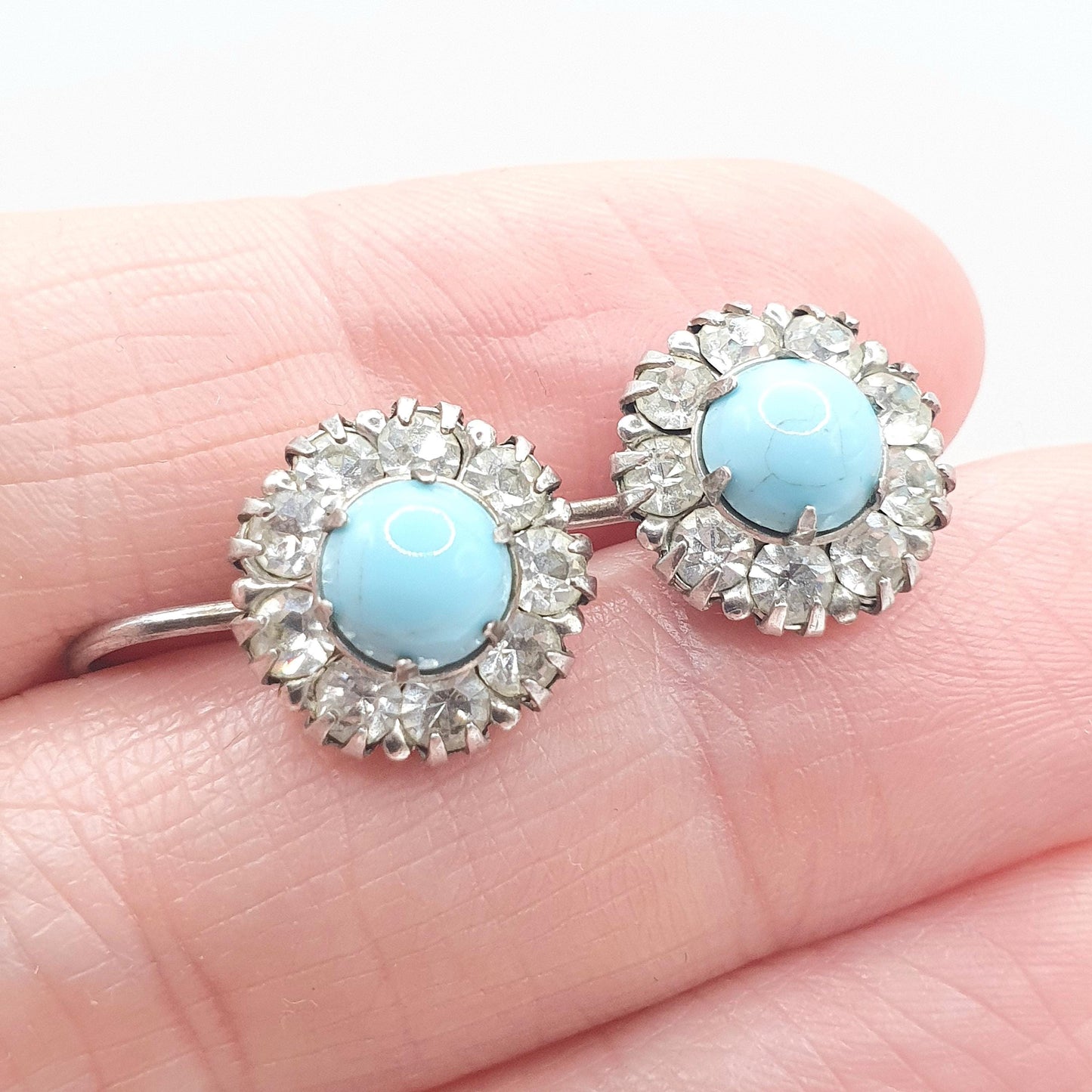 Antique Art Deco Solid Silver Diamond Paste Earrings Cluster Faux Turquoise Sparkly Blue Screw Back Womens Jewelry Jewellery
