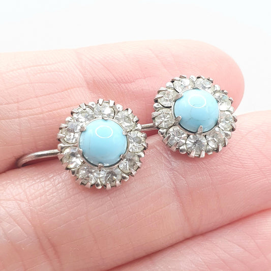 Antique Art Deco Solid Silver Diamond Paste Earrings Cluster Faux Turquoise Sparkly Blue Screw Back Womens Jewelry Jewellery