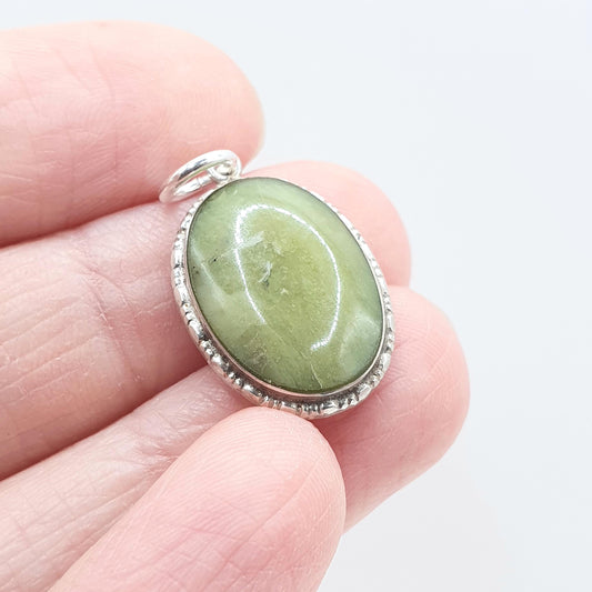 Vintage Sterling Silver Connemara Marble Pendant Irish Green Hardstone Gemstone Oval Good Luck Womens Unisex Jewelry Jewellery