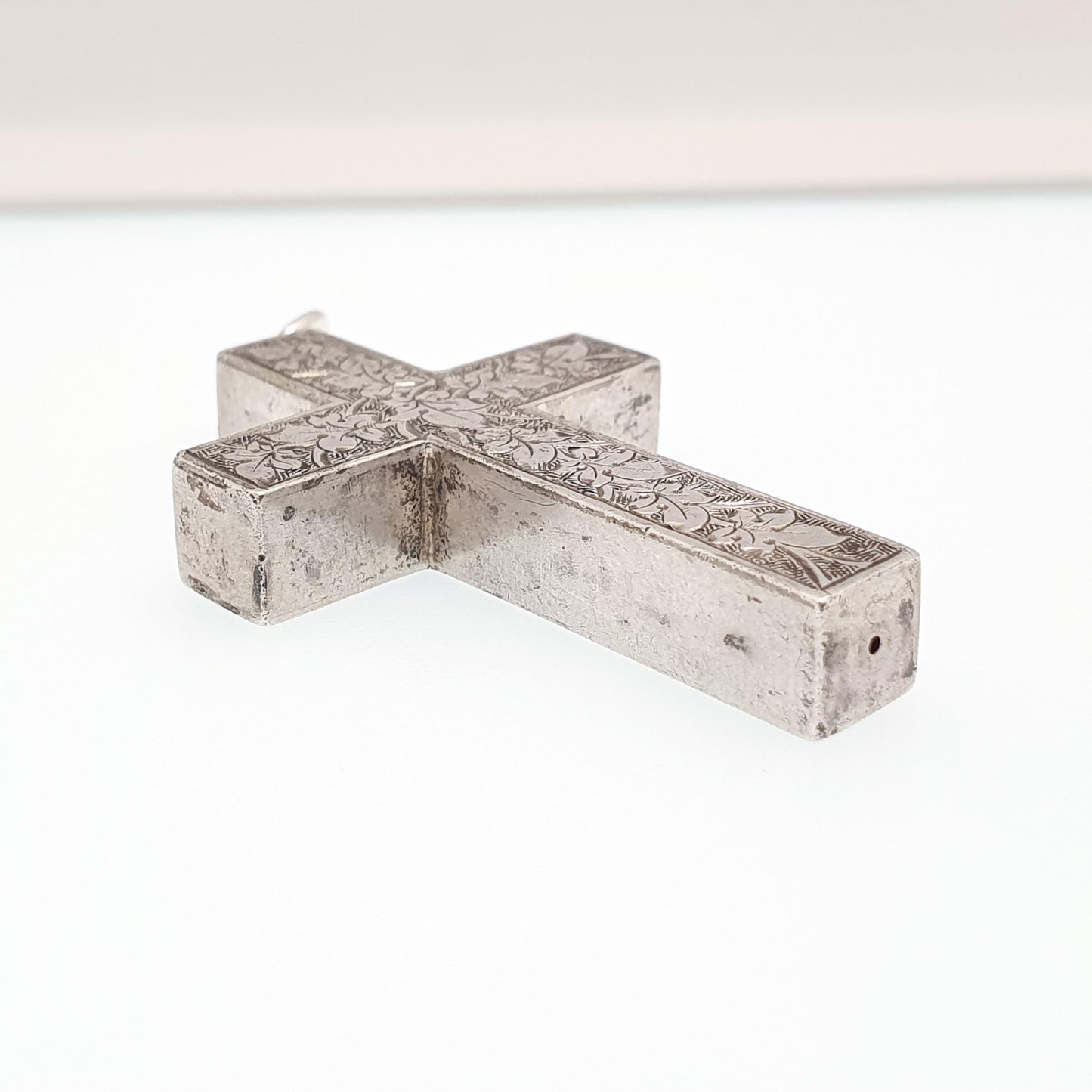 Antique Victorian Solid Silver Crucifix Necklace Pendant Hand Engraved Thick Chunky Catholic Christian Jewelry Vintage Womens