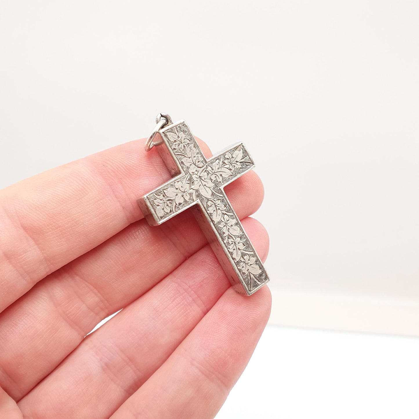 Antique Victorian Solid Silver Crucifix Necklace Pendant Hand Engraved Thick Chunky Catholic Christian Jewelry Vintage Womens