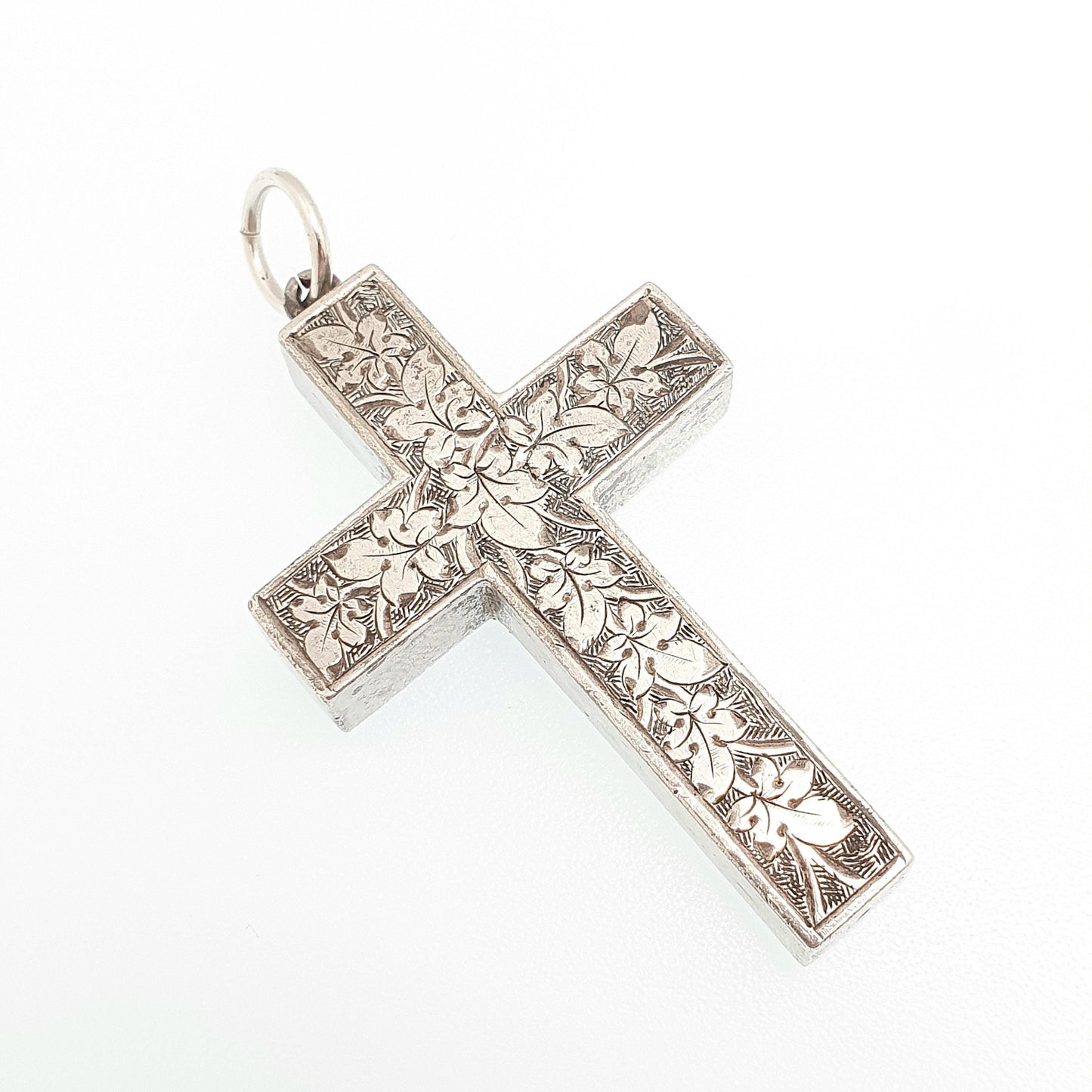 Antique Victorian Solid Silver Crucifix Necklace Pendant Hand Engraved Thick Chunky Catholic Christian Jewelry Vintage Womens